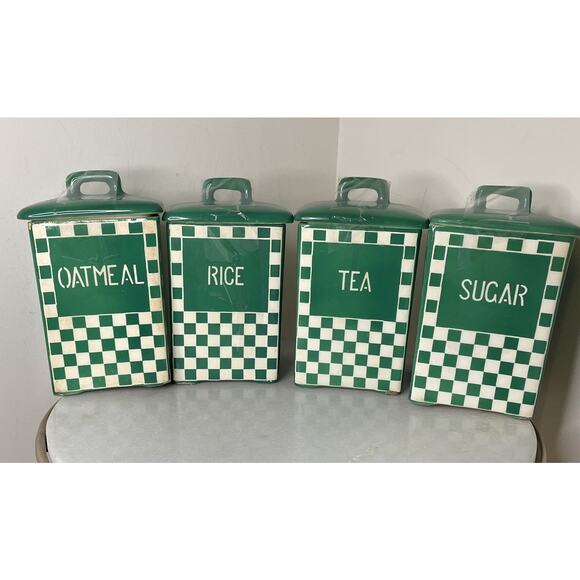 VTG Art Deco Czechoslovakian Porcelain 4 Canister Set Ditmar Urbach Green White - Picture 1 of 16